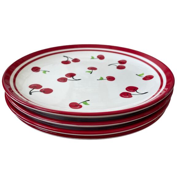 Terramoto CHERRY Ceramic Dinner Plates 10.5in Red & White Set of 4 NEW - Picture 5 of 12